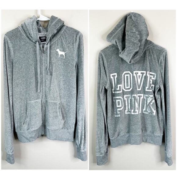 NEW LOVE PINK Y2K 2010 Victoria's Secret Grey Velour Zip Up Jacket Womens M - Picture 1 of 9